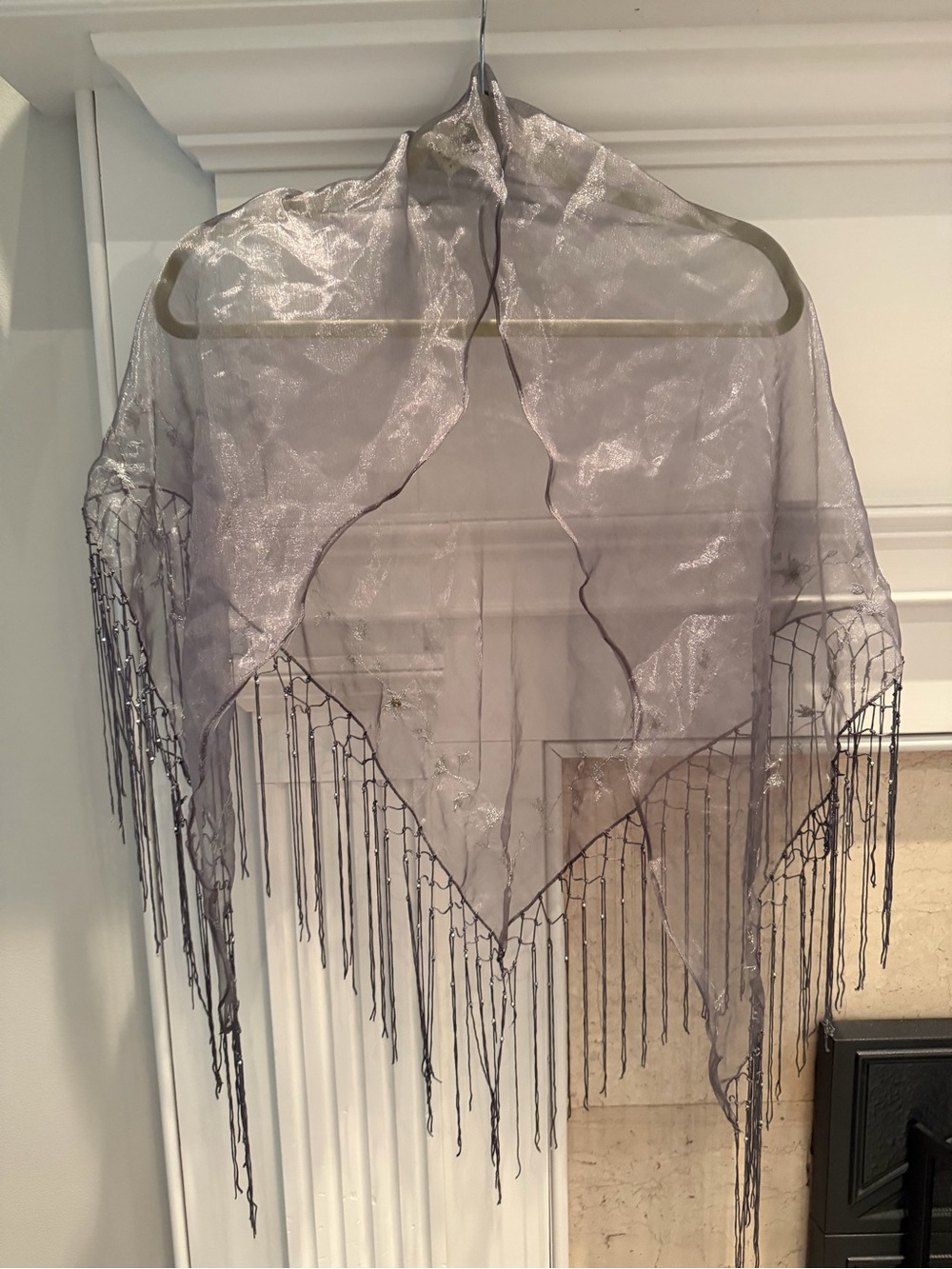 Elegant Sheer Fringe Beaded Floral Embroidered Shawl - Silver Gray